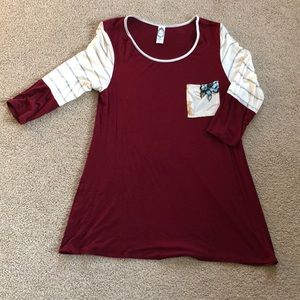 Burgundy and grey striped tee with floral pocket